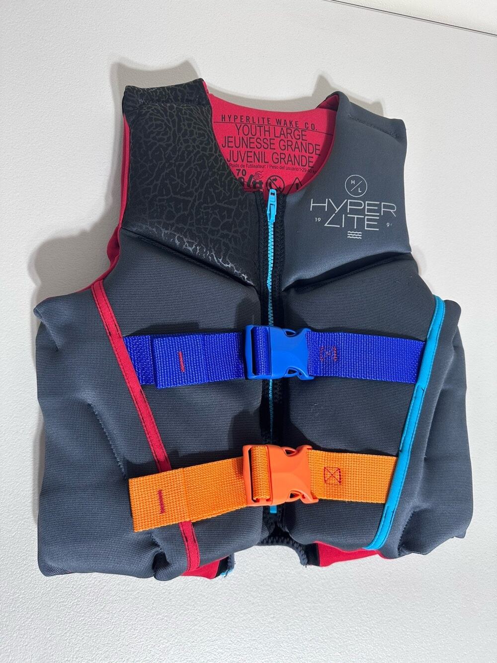 Hyperlite Boys Youth Large Indy Life Jacket | 64-88 lbs Gray Blue Orange